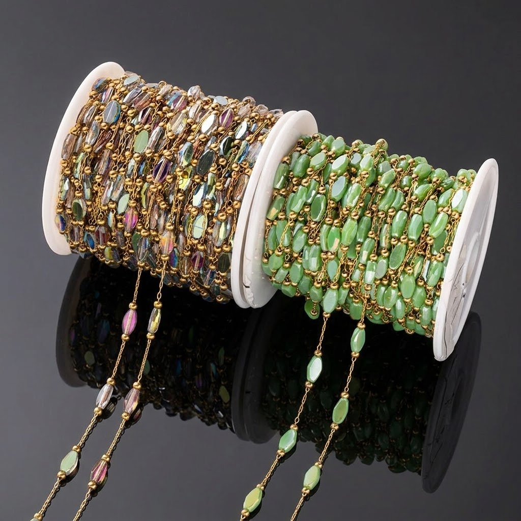 Pearl Trim Chain - 1Meter Stainless Steel Gold Beaded Crystal